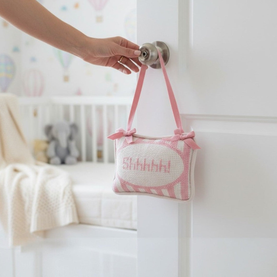 Shhhhh! Embroidered Pillow Door Hanger Décor - Pink and Blue - Mellow Monkey