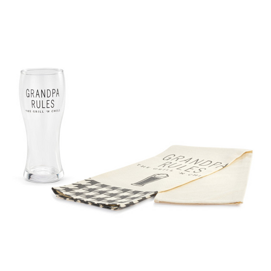 Grandpa Rules - Pilsner Glass and Towel Set - Mellow Monkey