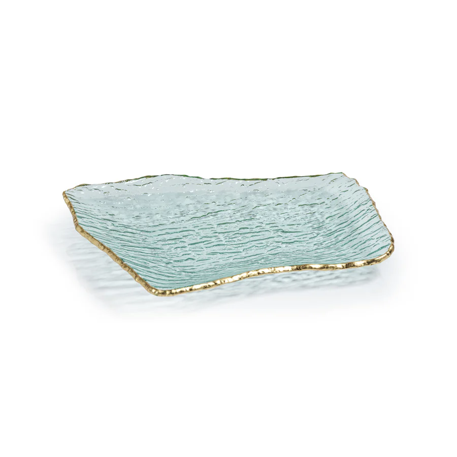 Textured Rectangular Organic Shape Plate With Jagged Gold Rim - Mellow Monkey