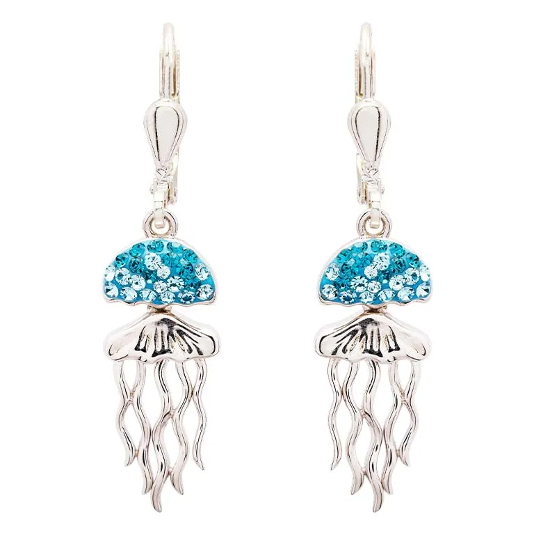 Sterling Silver Aqua Crystal Jellyfish Drop Earrings - Mellow Monkey