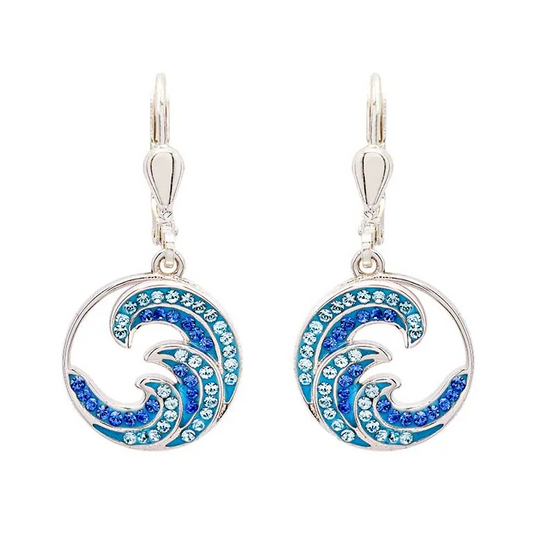 Sterling Silver Sapphire/Aqua Crystal Wave Drop Earrings
