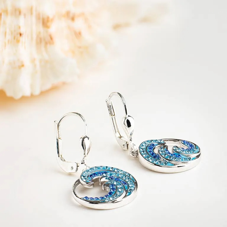 Sterling Silver Sapphire/Aqua Crystal Wave Drop Earrings - Mellow Monkey