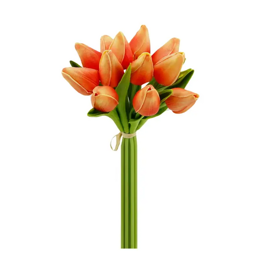 Real Touch Tulip Bud Bouquet - Sunrise Orange - 12 Buds - 10.5" - Mellow Monkey