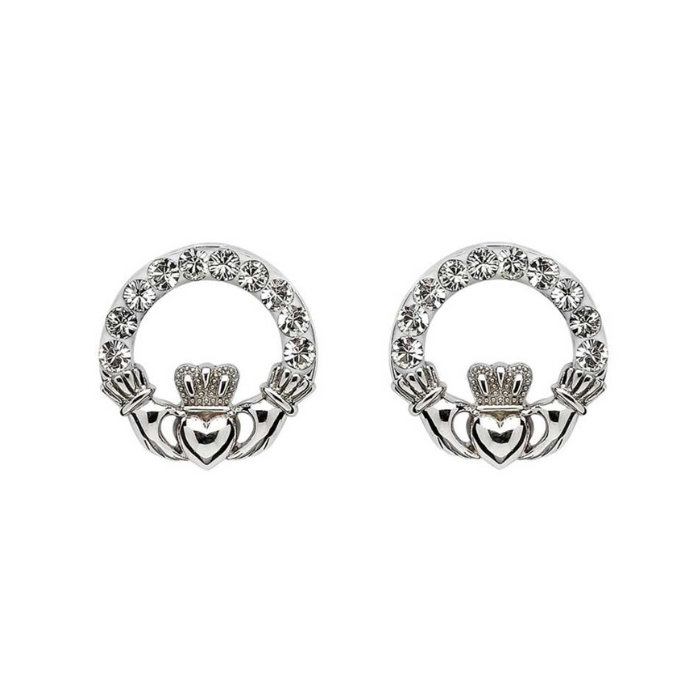 Silver Claddagh Stud Earring with White Swarovski Crystal Embellishment - Mellow Monkey