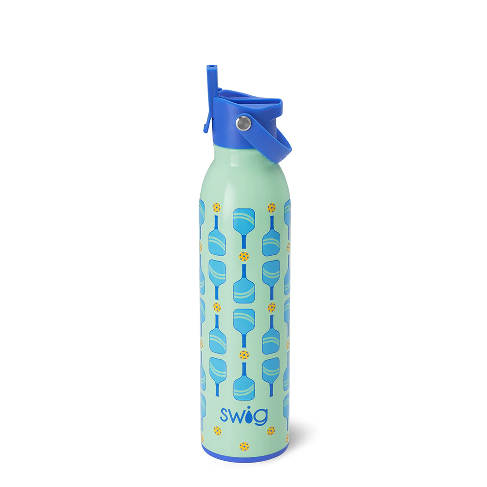 swig water bottle pale green background with blue pickleball racquets and yellow pickleballs print