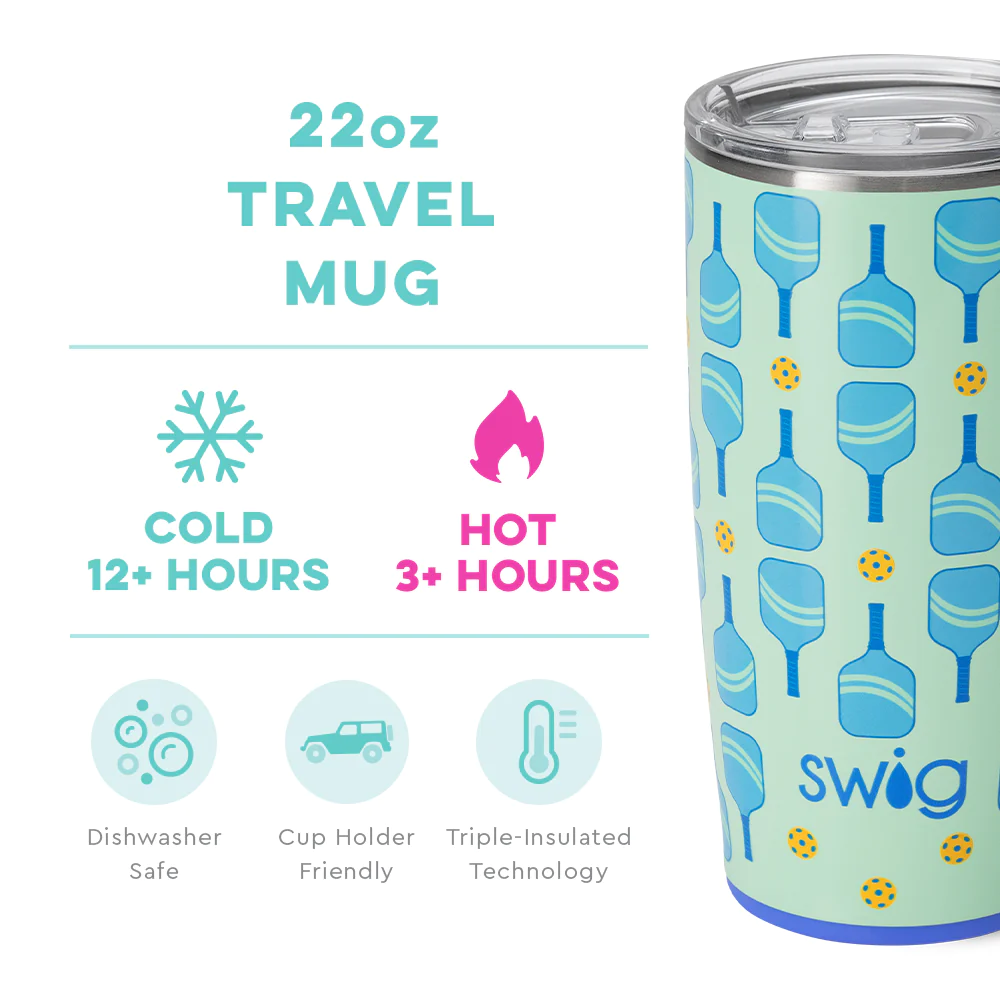 blue green pickleball 22oz travel mug 12+ hours cold, 3+ hot, dishwasher safe, cup holder friendly, triple-insulated technology