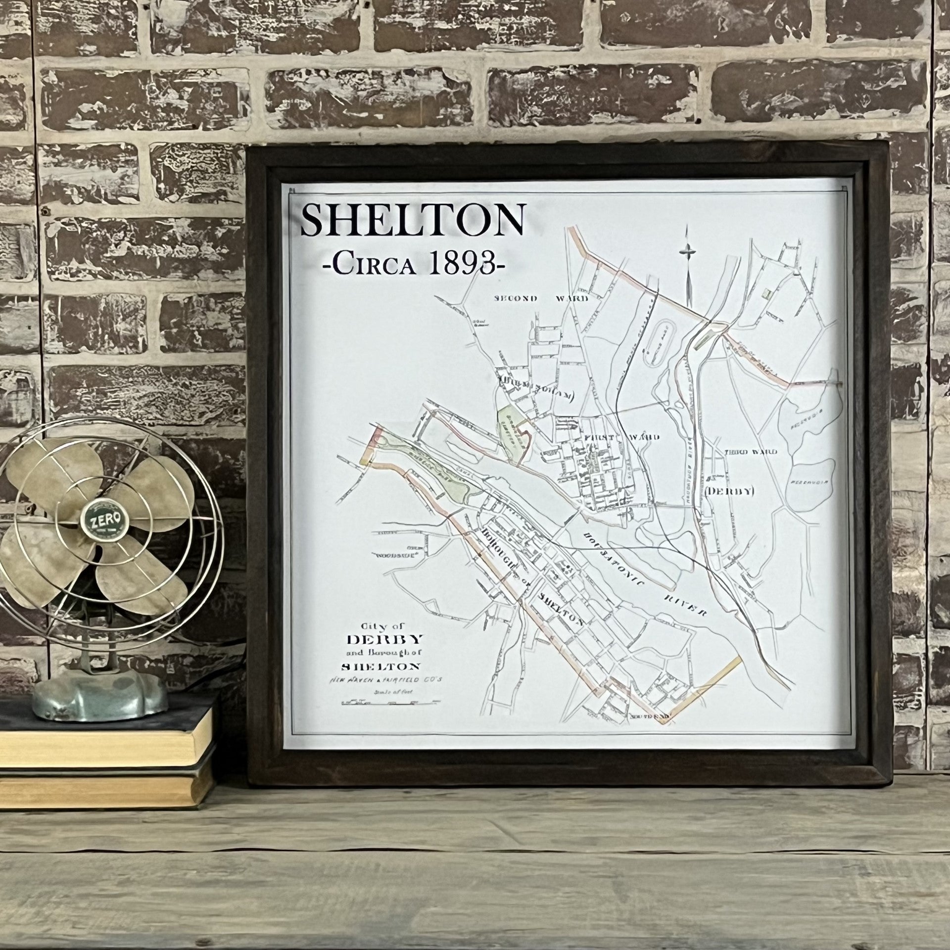 Vintage Map of Shelton Connecticut Circa 1893 Framed Shadowbox 22-1/2-in - Mellow Monkey