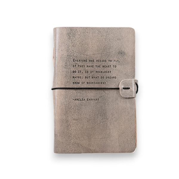 Grey Leather Journal - Everyone Has Oceans To Fly ... -Amelia Earhart - Mellow Monkey