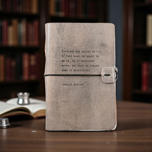 Grey Leather Journal - Everyone Has Oceans To Fly ... -Amelia Earhart - Mellow Monkey