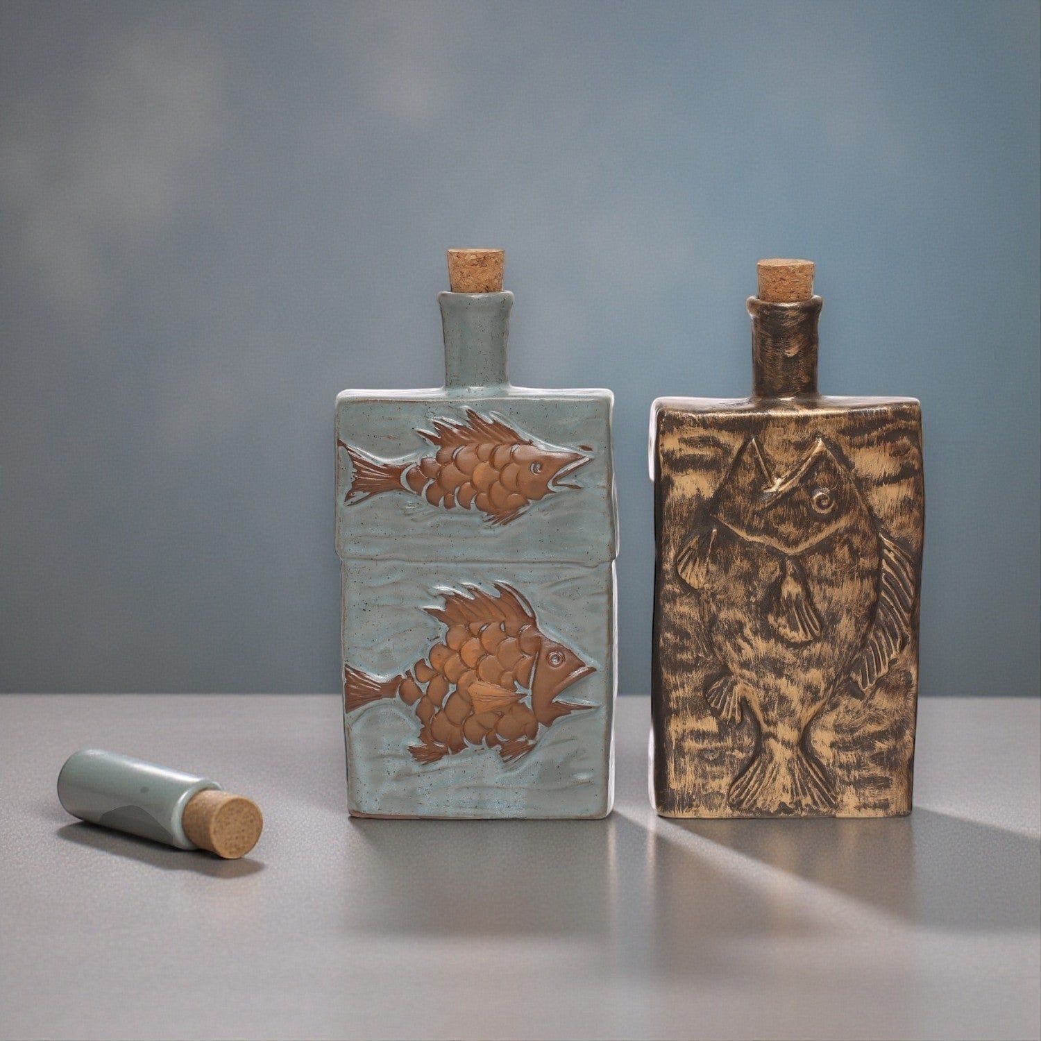 Embossed Stoneware Bottle with Cork Stopper - 7-3/4-in - Mellow Monkey