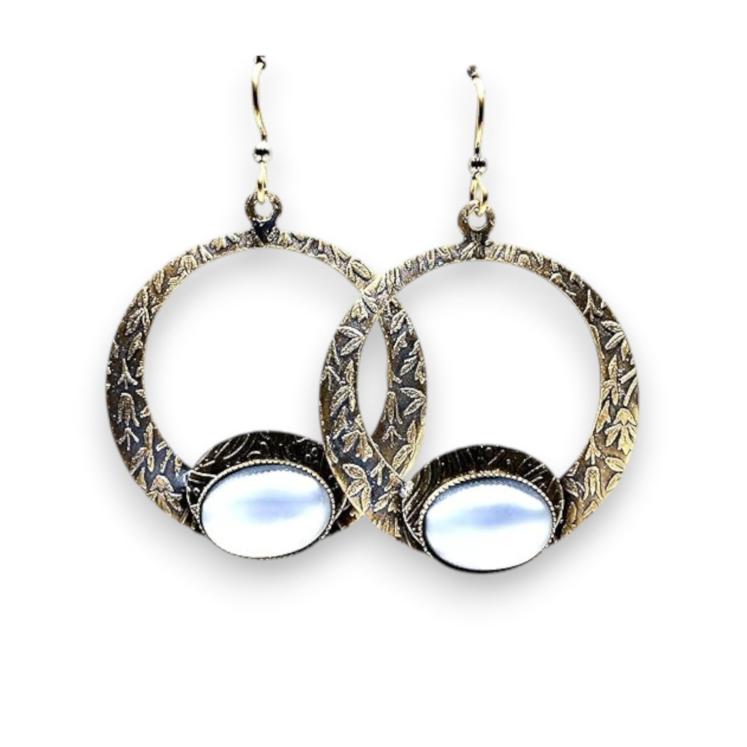 Silver Forest Flower Textured Loop and Stone Earrings NE-0805B - Mellow Monkey