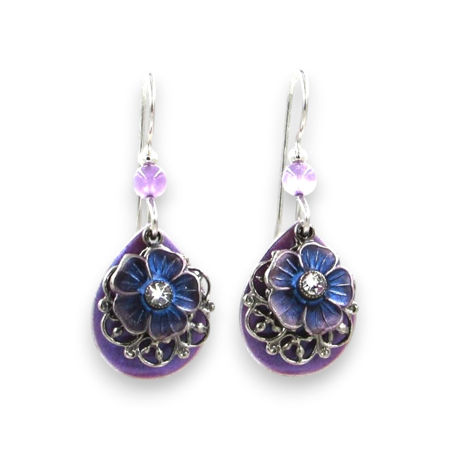 Silver Forest Tear With Flower & Filigree Earrings NE-1821C - Mellow Monkey