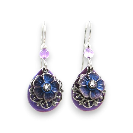 Silver Forest Tear With Flower & Filigree Earrings NE-1821C - Mellow Monkey