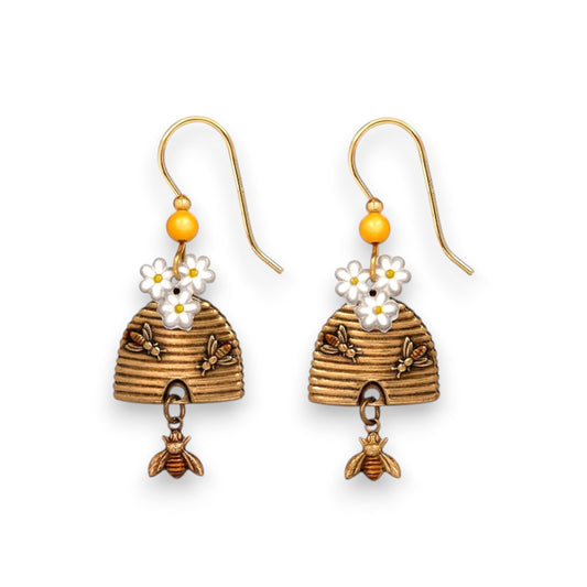 Silver Forest Hive and Bee With Flower Drop Earrings NE-1890B - Mellow Monkey