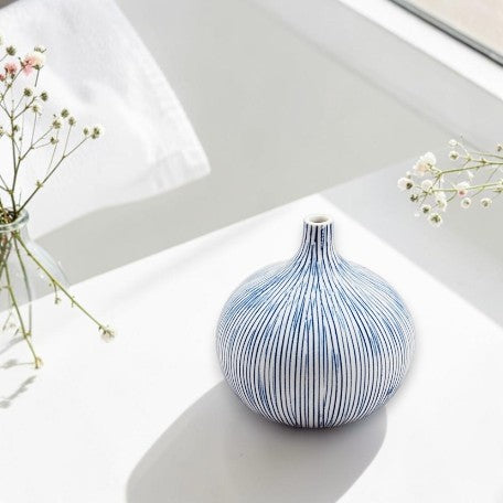 Tiny Congo - Handcrafted Porcelain Bud Vase - Fine Blue Stripes - 2.5 x 2.5 x 2.6 in - Mellow Monkey