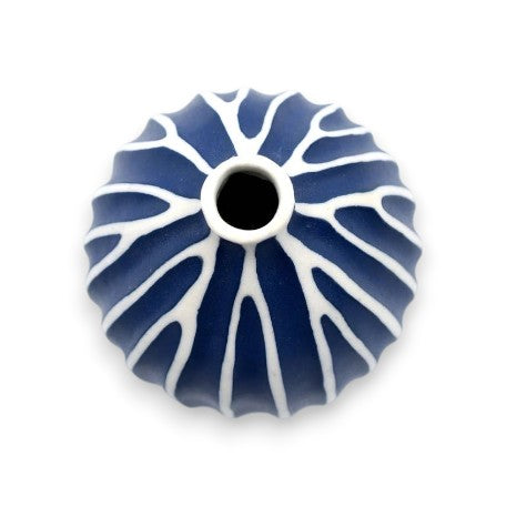Gugu Sag - Handcrafted Porcelain Bud Vase - White Stripes on Navy - 2.7 x 2.7 x 3 in - Mellow Monkey