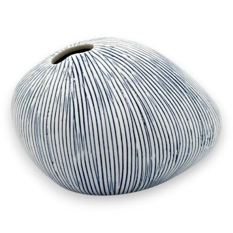 Mini Pebble Blue Porcelain Bud Vase - White with Blue Stripes - 3.4 x 2.6 x 2.4 in - Mellow Monkey