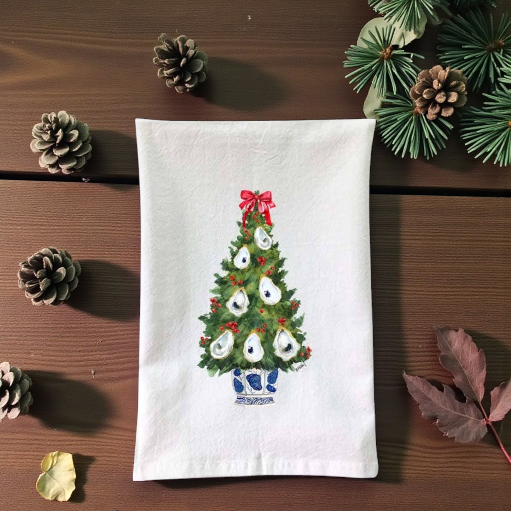 Blue & White Oyster Christmas Tree Flour Sack Towel - Mellow Monkey