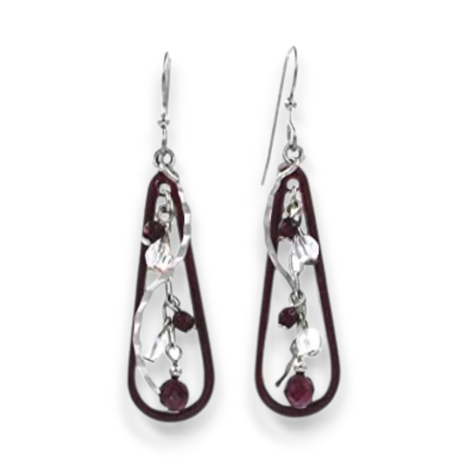 Silver Forest Burgundy Bead Swirl Teardrop Earrings - NE-1693 - Mellow Monkey