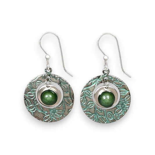Silver Forest Jade Stone In Silver Textured Round Earrings NE-1873 - Mellow Monkey