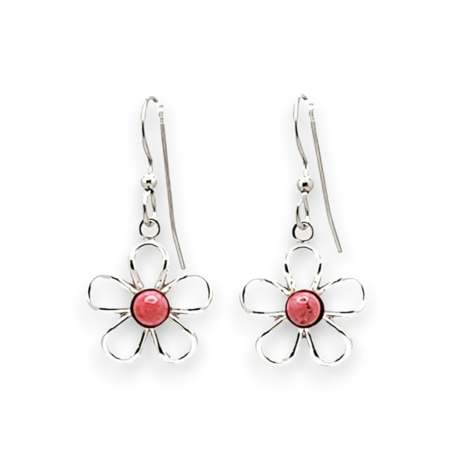 Silver Forest Open Flower With Pink Stone Silver Metal Drop Earrings NE-2039B - Mellow Monkey