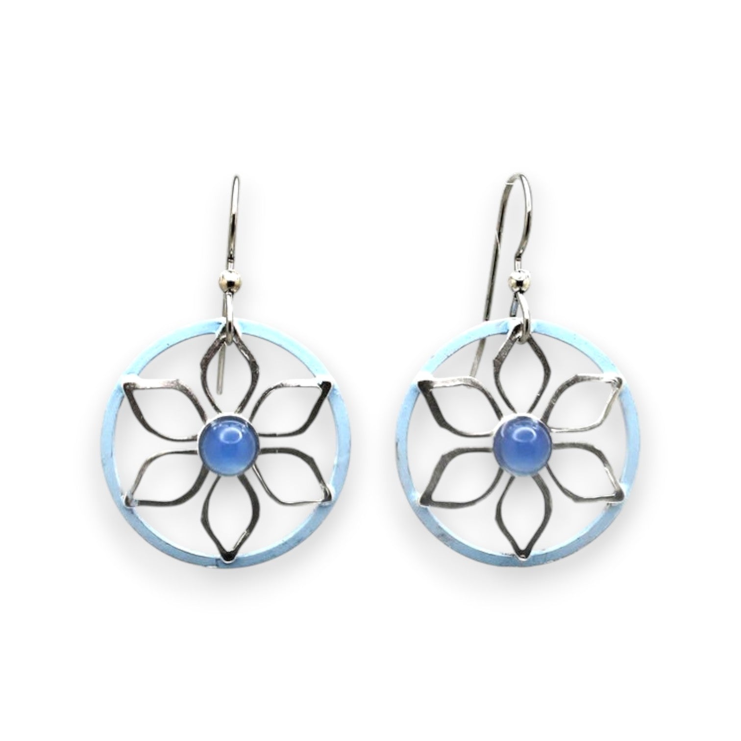 Silver Forest Open Flower With Blue Onyx Silver Metal Earrings NE-2163 - Mellow Monkey