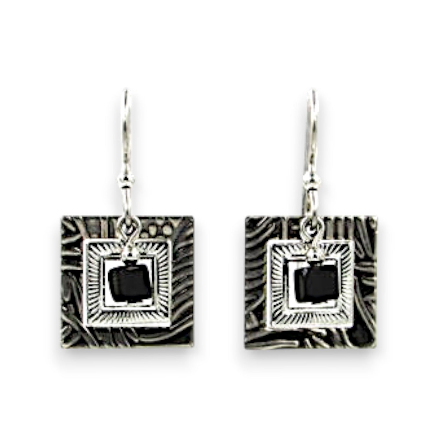 Silver Forest Silver Square in Square with Black Cube Earrings NE-1299A - Mellow Monkey