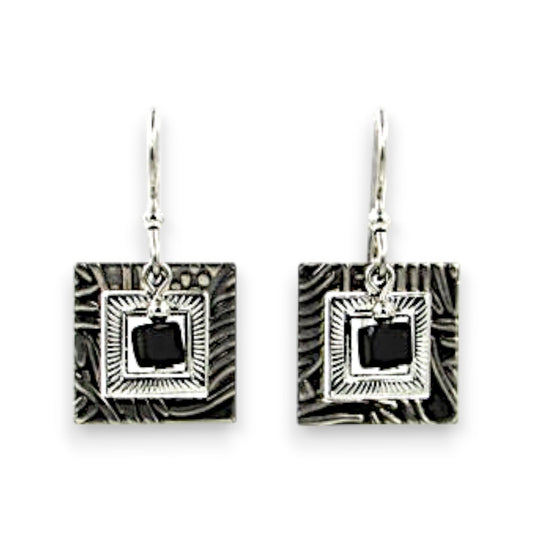 Silver Forest Silver Square in Square with Black Cube Earrings NE-1299A - Mellow Monkey