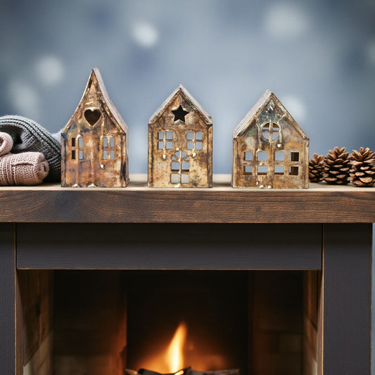 Metal House Tealight Holder with Open Back and Oxidized Silver Finish