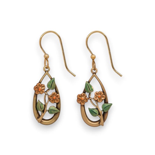 Silver Forest Flowers and Leaves on Gold Metal Teardrop Earrings NE-2095 - Mellow Monkey