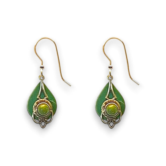 Silver Forest Green Teardrop with Filigree and Stone Earrings NE-2354
