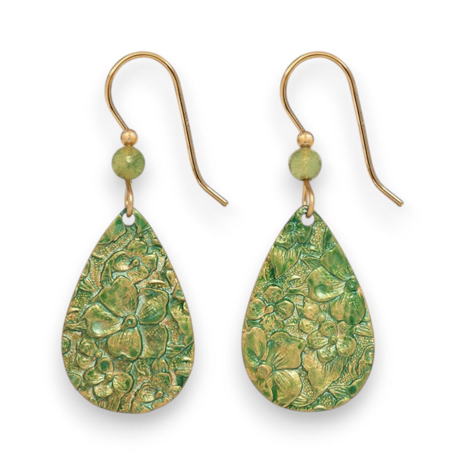 Silver Forest Green on Gold Metal Embossed Flower Teardrop Earrings NE-2171 - Mellow Monkey