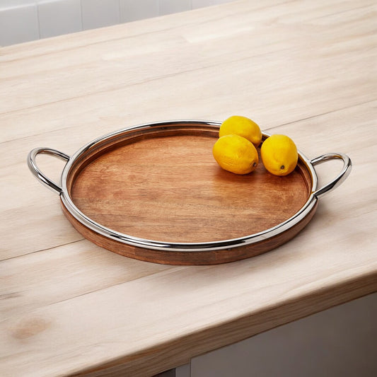 Bedford Grand Mango Wood and Steel Decorative Round Serving Tray - 19.5" - Mellow Monkey