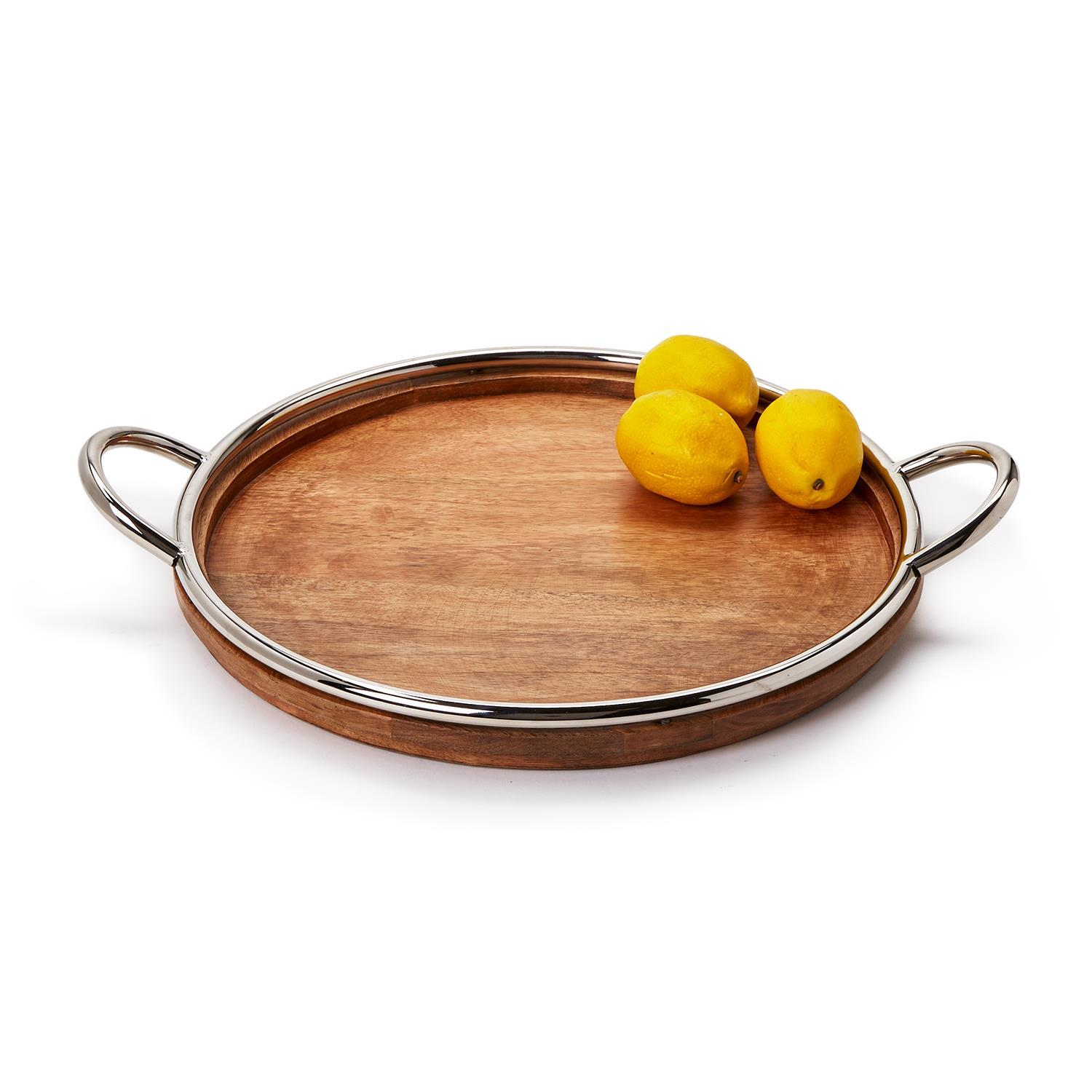 Bedford Grand Mango Wood and Steel Decorative Round Serving Tray - 19.5" - Mellow Monkey