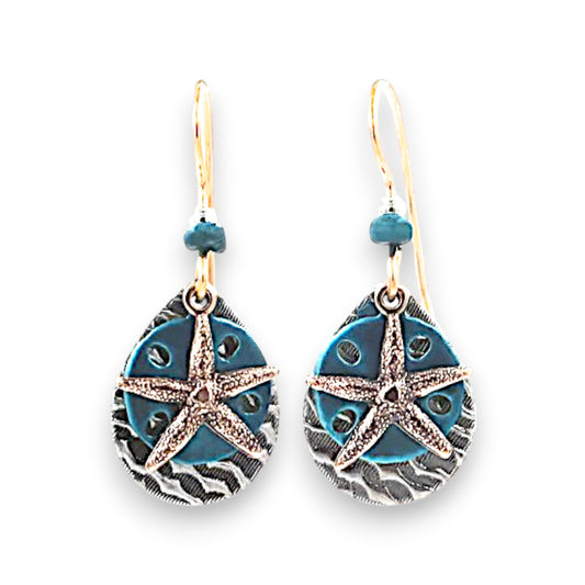 Silver Forest Earrings - Starfish On Layered Shape - NE-1647 - Mellow Monkey