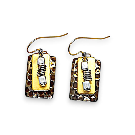 Silver Forest Layered Rectangles, Gold Tone, Bead & Wire Wrap Earrings NE-1557 - Mellow Monkey