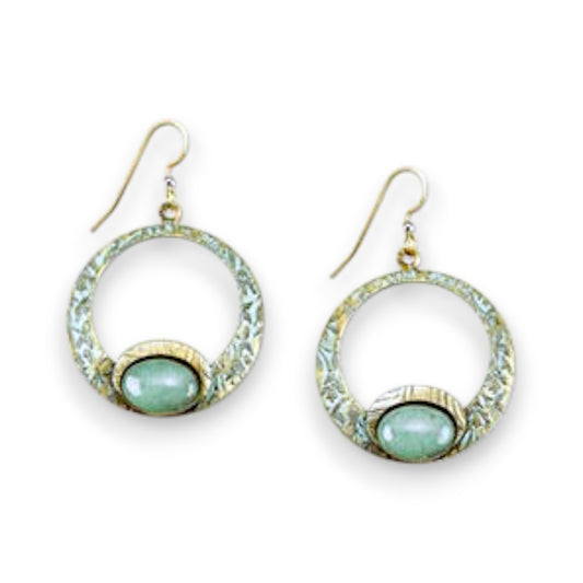 Silver Forest Earrings Open Textured Round Hoop with Aventurine Earrings NE-0805 - Mellow Monkey