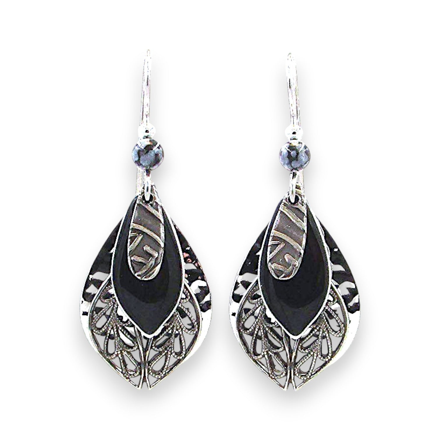 Silver Forest Black Enamel Four Layer Teardrop Earrings NE-1072A - Mellow Monkey