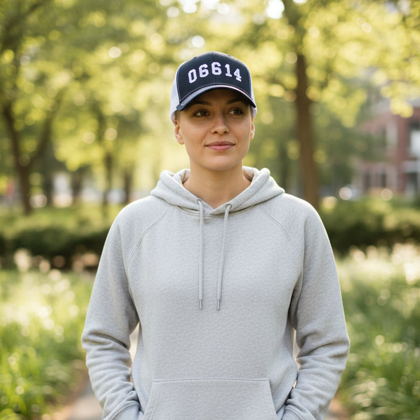 06614 Stratford Zip Code Trucker Hat NAVY and WHITE - 100% Benefits Lordship School PTA - Mellow Monkey