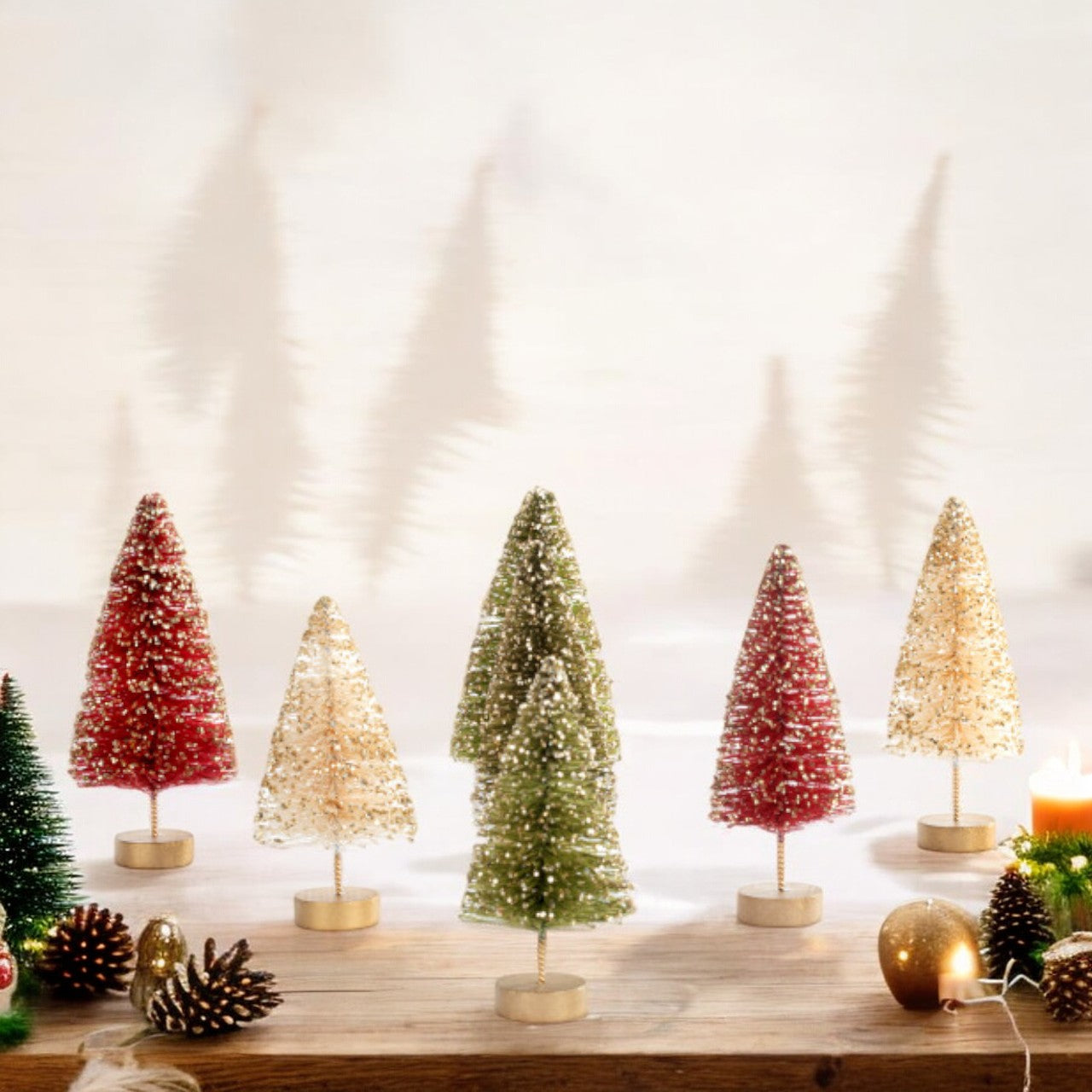 Red, White, and Green Bottle Brush Trees with Gold Glitter - Set of 7 - Mellow Monkey