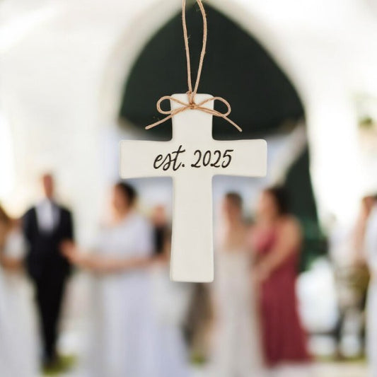 Est 2025 Hand Painted Stoneware Wedding Cross - Mellow Monkey