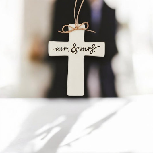Mr And Mrs Hand Painted Stoneware Wedding Cross - Mellow Monkey