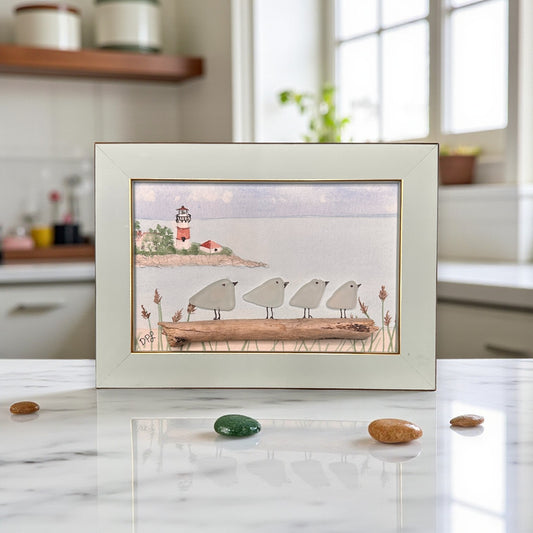 Stratford Point Lighthouse Sea Glass Birds on Watercolor Print - Framed Teal 7-1/4-in Horizontal - Mellow Monkey