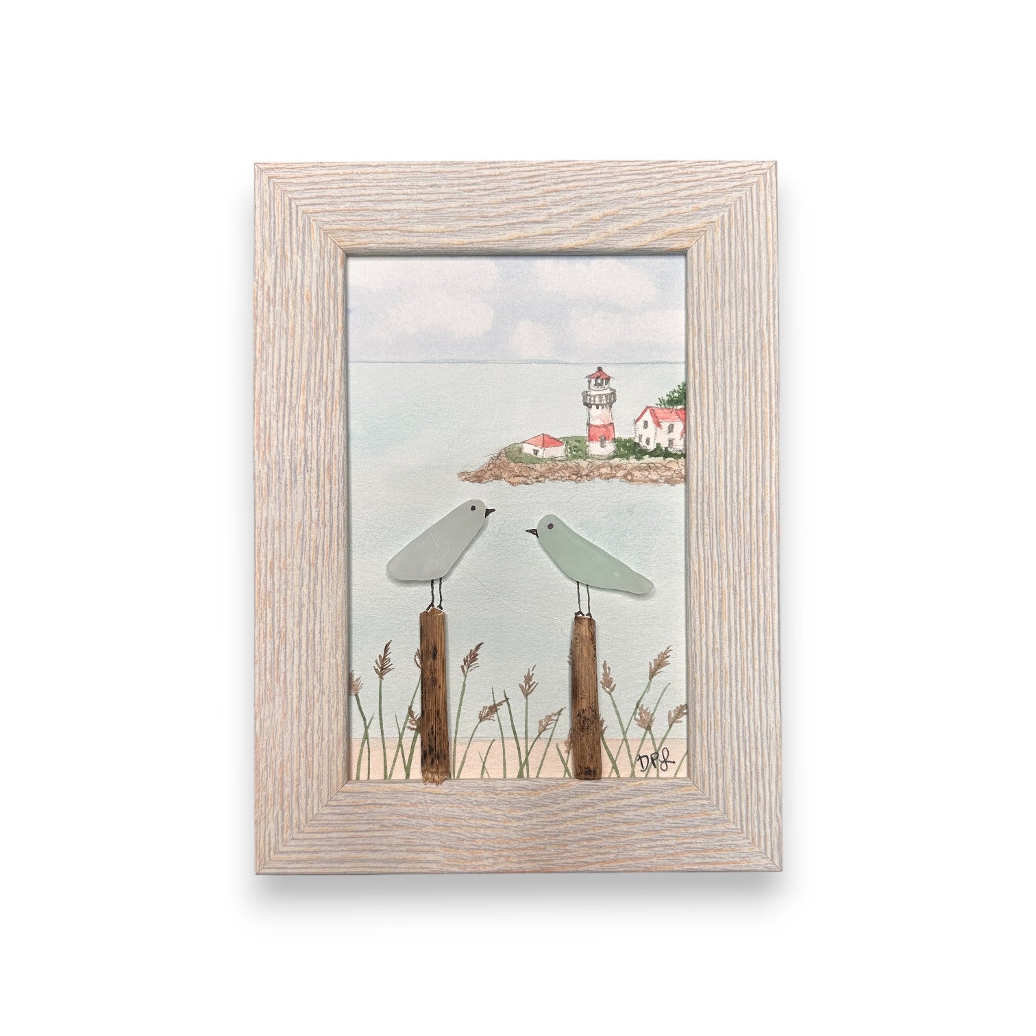 Stratford Point Lighthouse Sea Glass Birds on Watercolor Print - Framed White Washed 7-1/2-in Vertical - Mellow Monkey