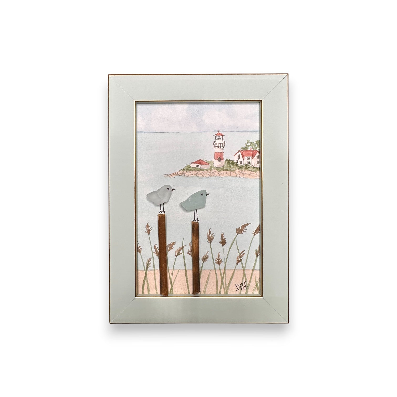 Stratford Point Lighthouse Sea Glass Birds on Watercolor Print - Framed Teal 7-1/4-in - Mellow Monkey