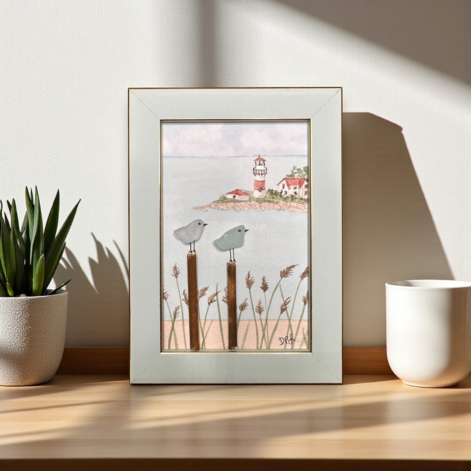 Stratford Point Lighthouse Sea Glass Birds on Watercolor Print - Framed Teal 7-1/4-in - Mellow Monkey