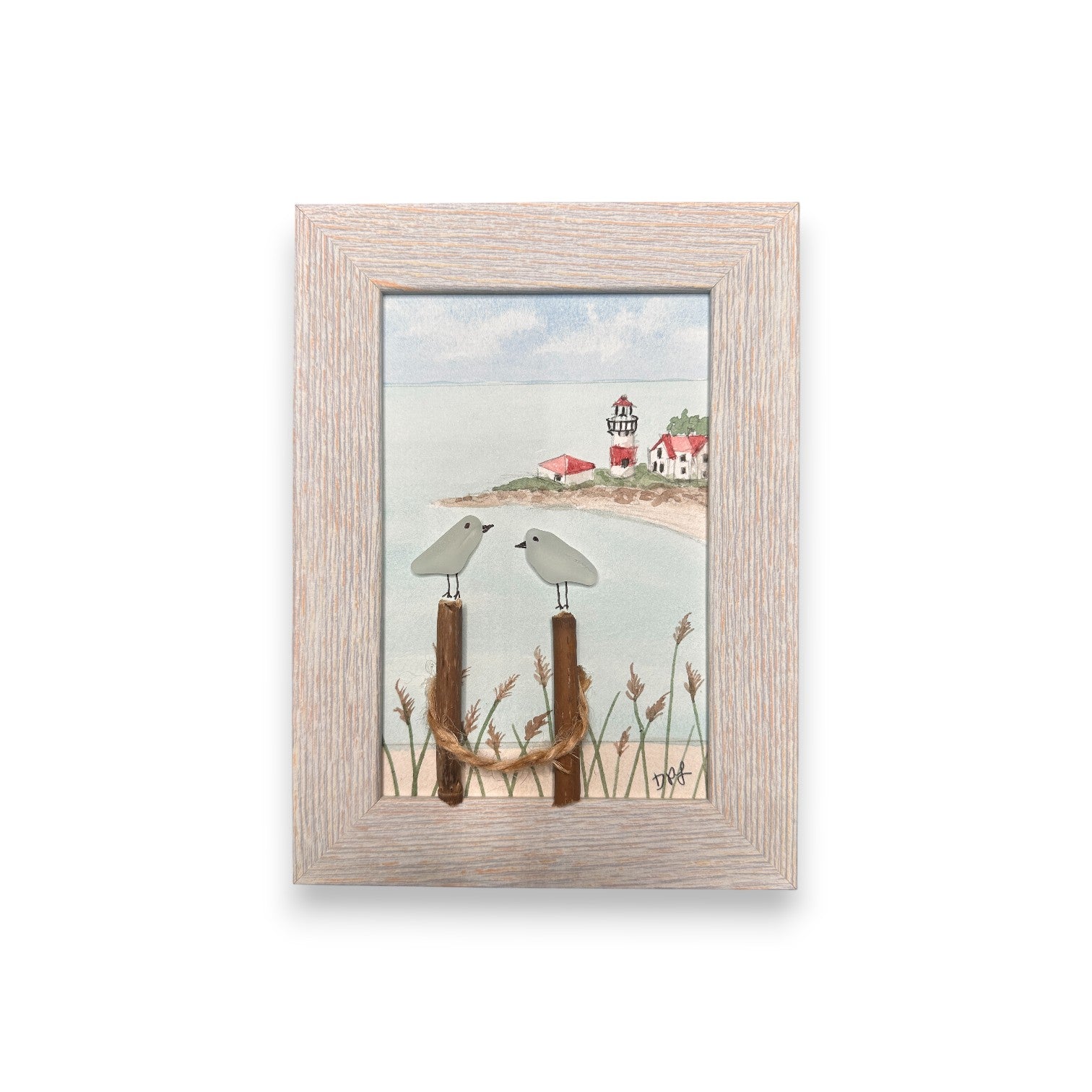 Stratford Point Lighthouse Sea Glass Birds on Watercolor Print - Framed White Washed 7-1/2-in Vertical - Mellow Monkey