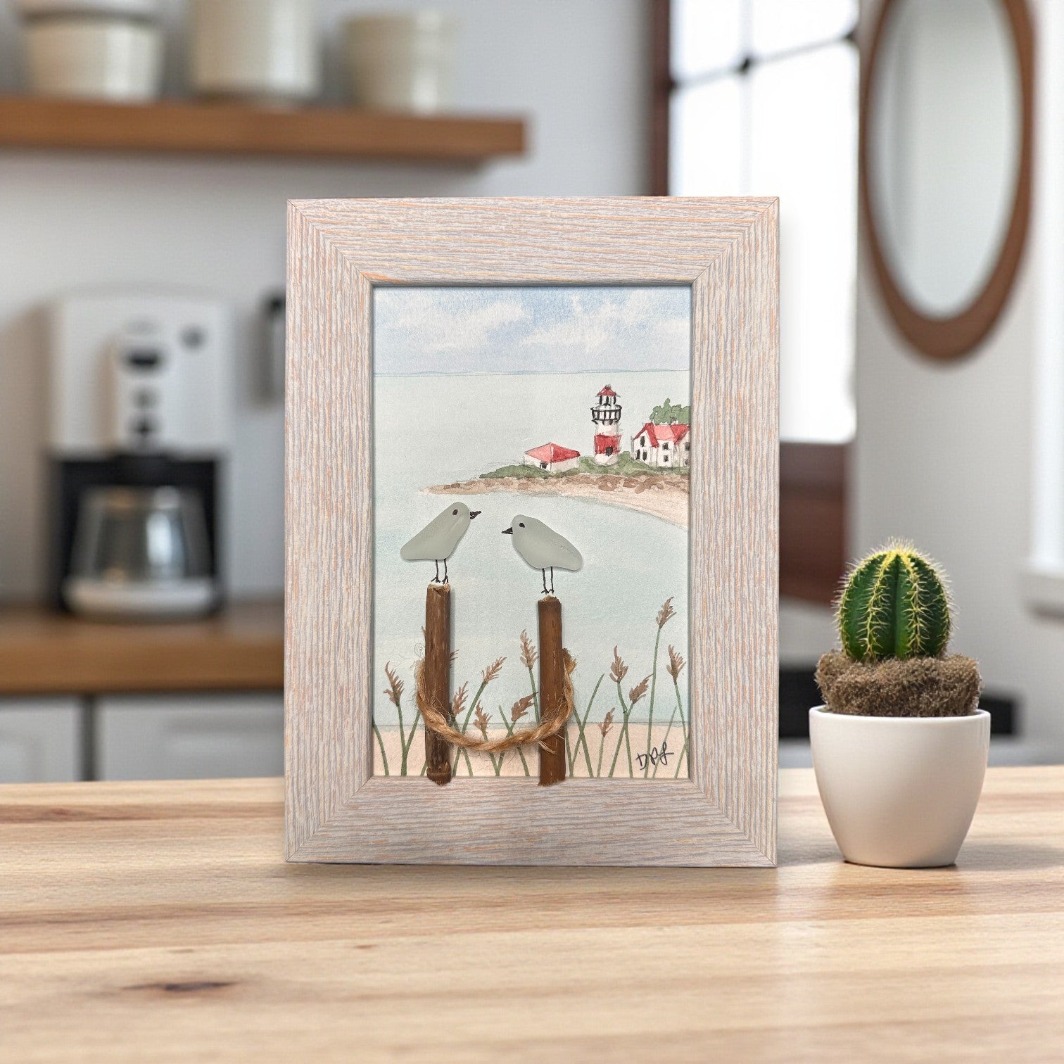 Stratford Point Lighthouse Sea Glass Birds on Watercolor Print - Framed White Washed 7-1/2-in Vertical - Mellow Monkey