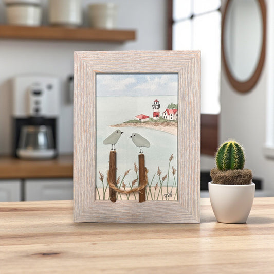 Stratford Point Lighthouse Sea Glass Birds on Watercolor Print - Framed White Washed 7-1/2-in Vertical - Mellow Monkey