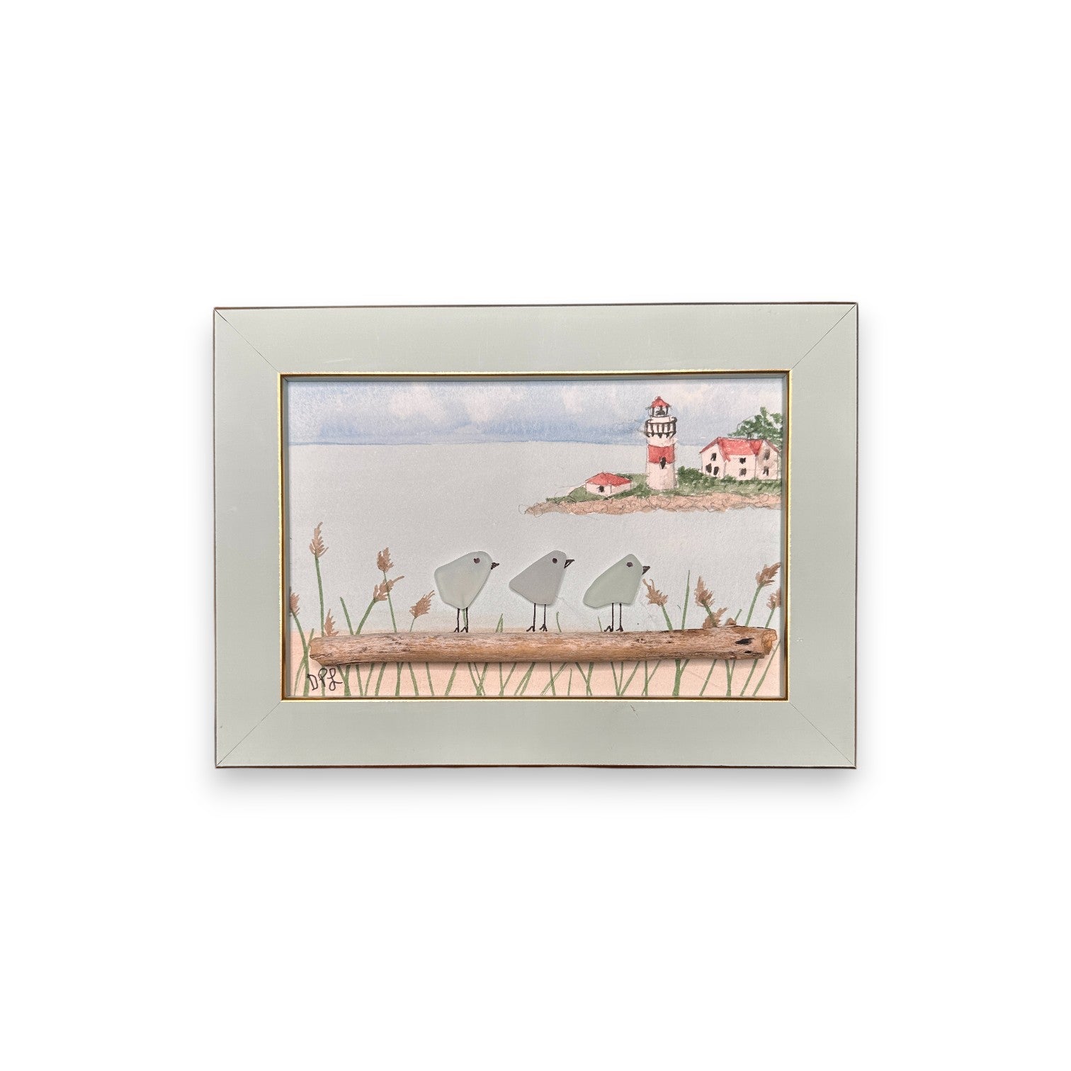 Stratford Point Lighthouse Sea Glass Birds on Watercolor Print - Framed Teal 7-1/4-in Horizontal - Mellow Monkey